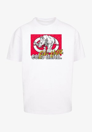 Weißes Baumwoll-T-Shirt mit einem auffälligen Grafikdesign eines Nashorns auf rotem Hintergrund und dem Text "Ecko Unltd." in Gelb und Schwarz.