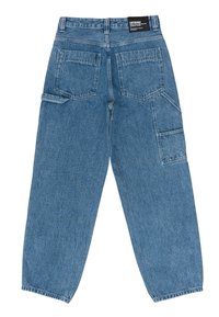 Denim cargo pants in light blue, featuring a loose fit, multiple pockets, and a straight leg design. Fabric has a slightly textured surface.