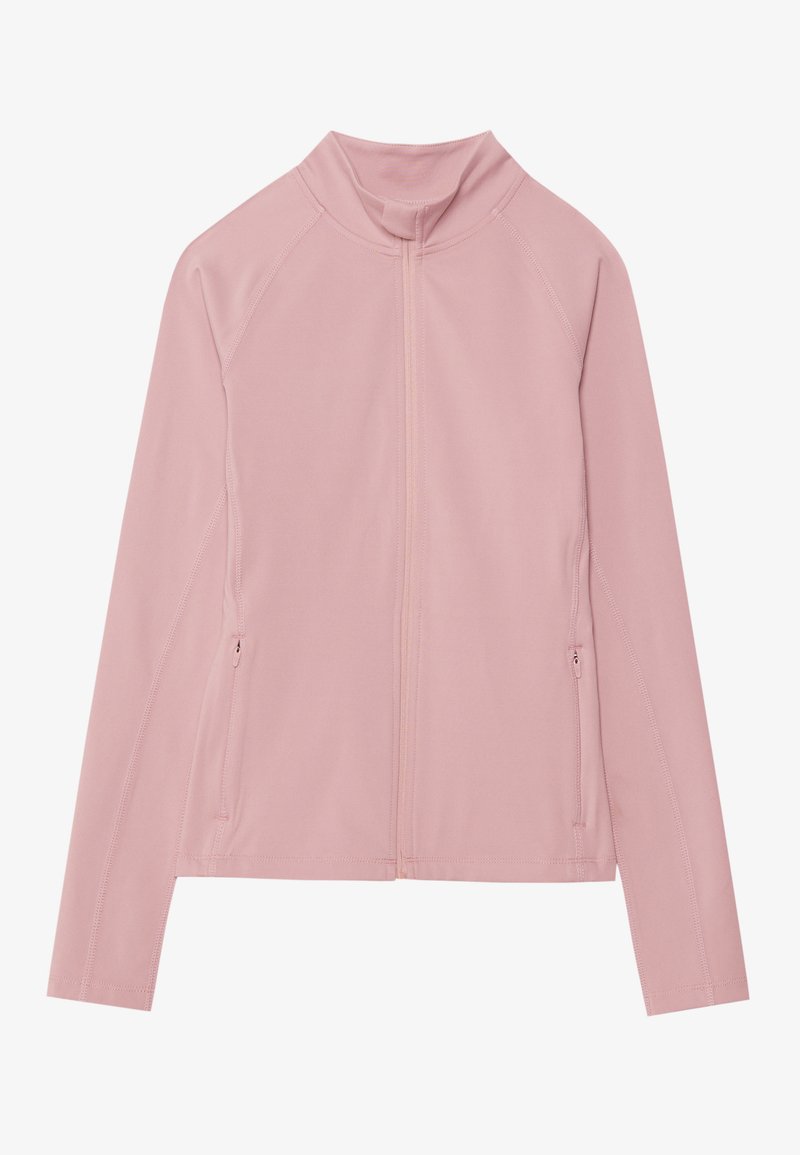 Hellrosa Reißverschlussjacke mit Stehkragen, langen Ärmeln und zwei Seitentaschen. Glatter Stoff mit dezenten Nahtdetails.