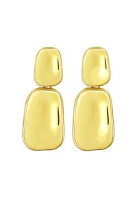 Orecchini in tono oro con un design astratto e liscio composto da due forme irregolari collegate; finitura lucida e bordi arrotondati.
