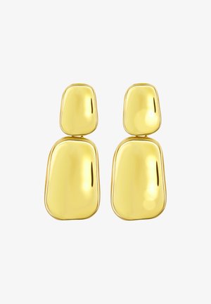 Pendientes en tono dorado con un diseño abstracto y suave, que presenta dos formas irregulares conectadas; acabado brillante y bordes redondeados.