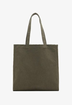 Oliven grøn canvas tote bag med to stofhåndtag, rektangulær form, tekstureret overflade og synlige sømdetaljer. Ingen lukninger.