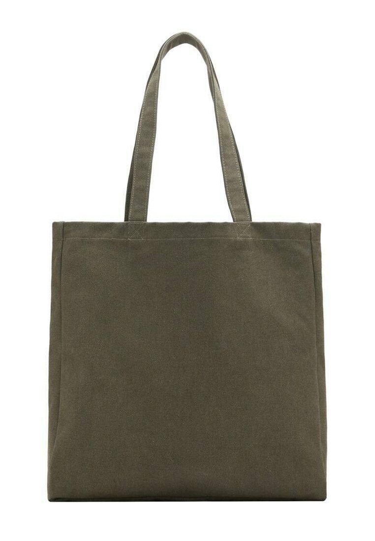 Borsa a tracolla in tela verde oliva con due manici in tessuto, forma rettangolare, superficie testurizzata e dettagli di cucitura visibili. Senza chiusure.