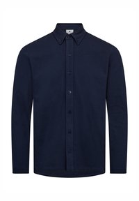 Navyblaues Langarmhemd, mit Knopfverschluss, aus weichem Stoff, mit spitzem Kragen und abgerundetem Saum. Sechs Knöpfe in passender Farbe auf der Vorderseite.
