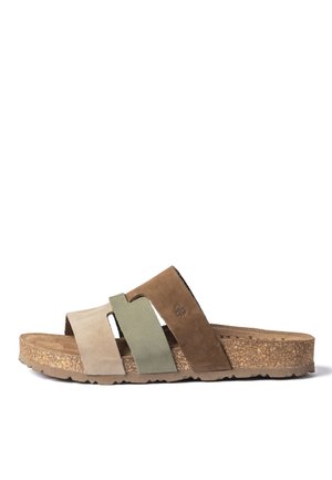 Slide sandal with cork sole and three wide suede straps in beige, olive green, and brown tones.