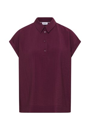 Kurzärmelige blassviolette Bluse mit Kragen und drei Knöpfen vorne, mit einem subtilen strukturierten Muster.