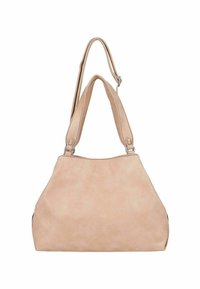 Sac à main synthétique beige avec deux anses, une texture lisse et une forme arrondie. Aucun motif visible ni détails en métal.