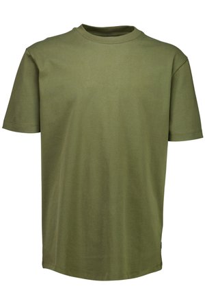 Olivenfarbener Baumwoll-T-Shirt mit kurzen Ärmeln, rundem Ausschnitt und lockerer Passform, mit sauberer Naht und geradem Saum.