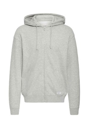 Frontalansicht eines hellgrauen Kapuzenpullovers mit Reißverschluss, Kapuze, glatter Textur, Kordelzug und Seitentaschen.