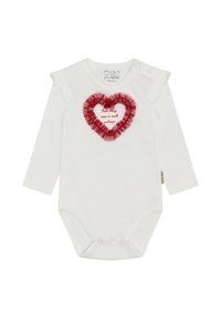 Body neonato bianco a maniche lunghe con spalline arruffate, caratterizzato da un contorno a forma di cuore rosso e la scritta "Le cose belle arrivano in piccoli pacchetti."