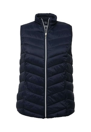 Gilet matelassé bleu marine avec col montant, présentant des coutures en chevrons, une fermeture éclair à l'avant et des poches latérales. Tissu léger pour un supplément de chaleur.
