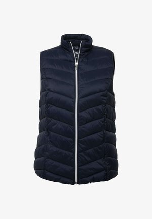 Gilet trapuntato blu navy con colletto alto, caratterizzato da cuciture a zig-zag, zip frontale e tasche laterali. Tessuto leggero per un calore aggiuntivo.