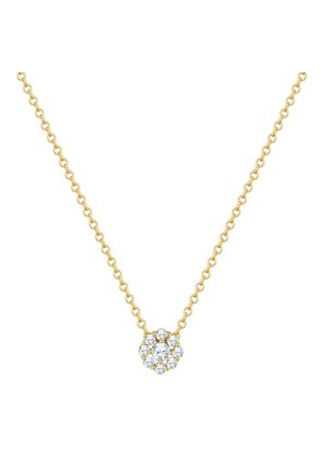 Collana in oro con pendente a grappolo rotondo che presenta un diamante centrale circondato da diamanti più piccoli.