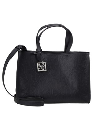 Black handbag with embossed logo design, structured shape, dual handles, and a detachable shoulder strap. Silver hardware accent included.
