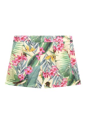 Shorts con stampa floreale caratterizzati da grandi orchidee rosa e foglie verdi su uno sfondo chiaro, con tasche laterali e dettaglio con logo.