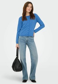 Blå strikket cardigan med knappestolpe foran, brukt sammen med lyseblå vide jeans. Svart skulderveske og svarte sko kompletterer antrekket.