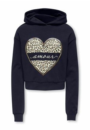 Sweat à capuche court noir avec manches longues, un motif cœur imprimé léopard et le mot « amour » en écriture cursive sur le cœur.