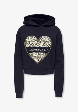 Sweat à capuche court noir avec manches longues, un motif cœur imprimé léopard et le mot « amour » en écriture cursive sur le cœur.