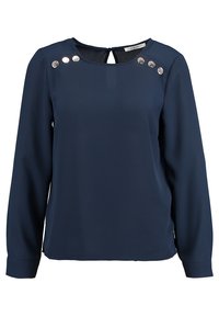 Tmavě modrá halenka s dlouhým rukávem vyrobená z lehké látky, s kulatým výstřihem, klíčovou dírou na zádech a ozdobnými stříbrnými knoflíky na ramenou.