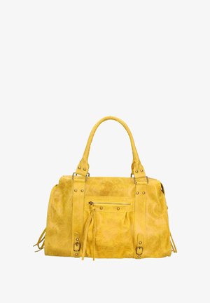 Sac à main en cuir jaune avec deux poignées robustes, une poche zippée à l'avant, des accessoires décoratifs et des franges sur les côtés. Surface texturée avec un effet usé.
