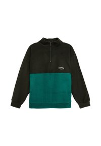 Pullover de forro polar en negro y verde, con cremallera de cuarto, puños acanalados y un logo blanco en el pecho. Textura suave y corte relajado.