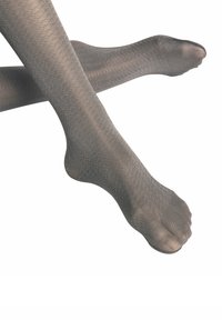 Przezroczyste szare rajstopy z subtelnym geometrycznym wzorem, wyposażone w wzmocnione palce i lekką, gładką teksturę.