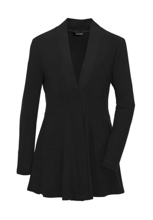 Schwarze, langärmlige Blazerjacke mit Reverskragen, weichem Stoff, ausgestelltem Design und offenen Vorderseite. Verfügt über klare Linien und minimale Nähte.