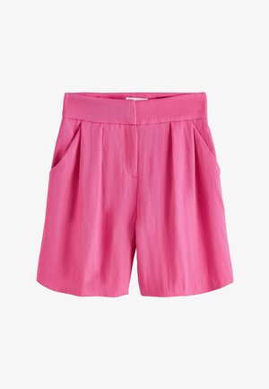 Bright pink high-waist women's shorts with front pleats and side pockets, made of lightweight fabric, displayed against a white background.
