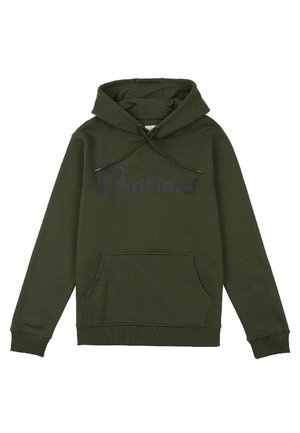 Felpa verde scuro con cappuccio, tasca a marsupio frontale e cappuccio con coulisse, con un discreto logo "Penfield" sul petto.