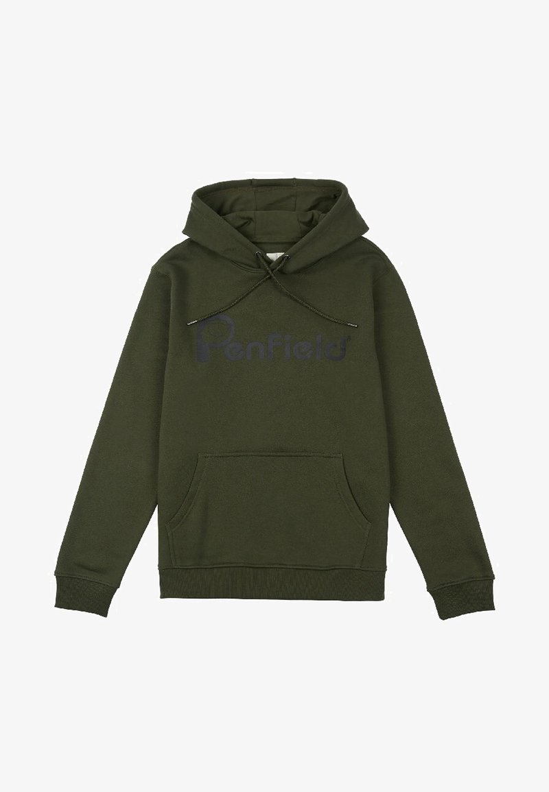 Felpa verde scuro con cappuccio, tasca a marsupio frontale e cappuccio con coulisse, con un discreto logo "Penfield" sul petto.