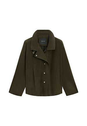 Dark green suede jacket with wide collar and snap button closure, long sleeves, and slightly flared hem.