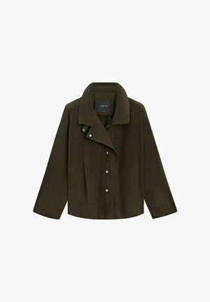 Dark green suede jacket with wide collar and snap button closure, long sleeves, and slightly flared hem.
