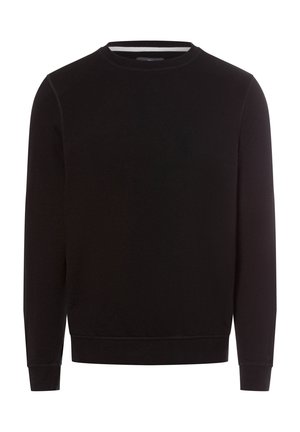 Czarna bawełniana bluza z okrągłym dekoltem i długimi rękawami. Posiada ściągacze u dołu i na mankietach, gładką teksturę oraz minimalistyczny design.