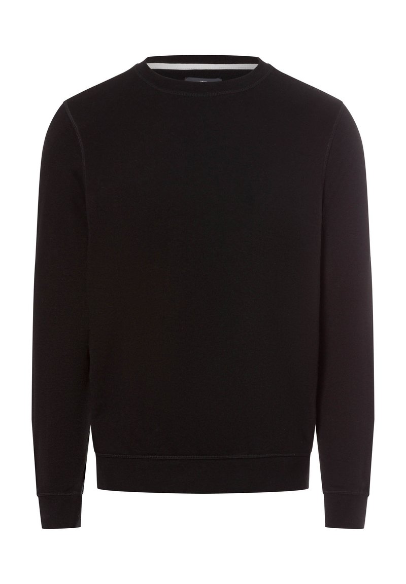 Zwarte katoenen sweatshirt met een ronde hals en lange mouwen. Heeft een ribbelboord aan de onderkant en mouwen, een gladde textuur en een minimalistisch ontwerp.