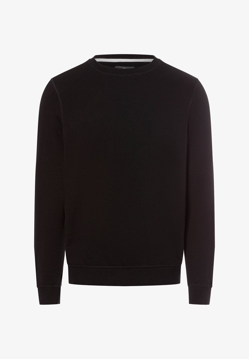 Zwarte katoenen sweatshirt met een ronde hals en lange mouwen. Heeft een ribbelboord aan de onderkant en mouwen, een gladde textuur en een minimalistisch ontwerp.