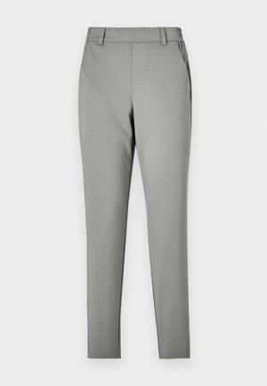 Helle graue Hose mit maßgeschneidertem Schnitt, aus einem glatten Stoff gefertigt. Verfügt über einen Bund mit Gürtelschlaufen und Seitentaschen, sowie ein schmal zulaufendes Bein Design.