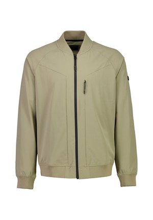 Olivegrüne Bomberjacke aus leichtem Material, mit Reißverschluss, gerippten Bündchen und Saum sowie zwei vorderen Taschen mit schrägen Designs.