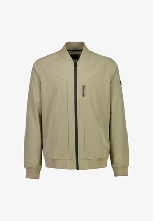 Olijfgroene bomberjack van lichtgewicht stof, met ritsluiting, ribgebreide manchetten en onderrand, en twee voorzakken met schuine ontwerpen.