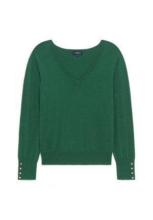 Pull à col en V vert avec des manches longues. Texture tricotée et design ajusté. Accents de boutons sur les poignets.