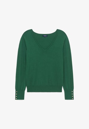Groene V-hals trui met lange mouwen. Gebreide textuur en aansluitende ontwerp. Knoopaccenten op de mouwmanchetten.