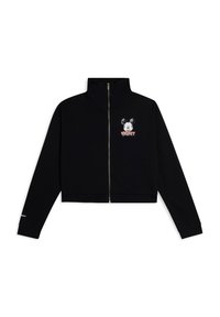 Chaqueta negra corta con cuello alto, cremallera frontal y diseño bordado de Mickey Mouse. Presenta puños acanalados y una textura suave.