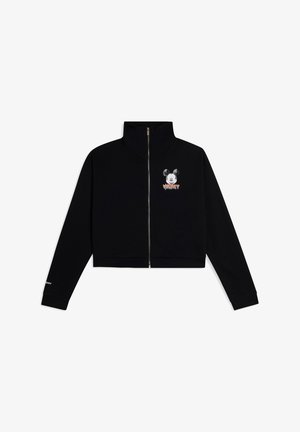 Chaqueta negra corta con cuello alto, cremallera frontal y diseño bordado de Mickey Mouse. Presenta puños acanalados y una textura suave.