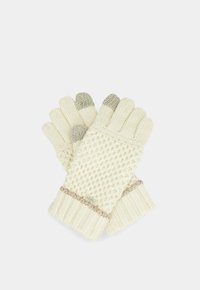 Guanti lavorati a maglia color crema con un motivo a diamante texture. Presentano punte grigie e un polsino a coste con una banda di accento sottile alla base.