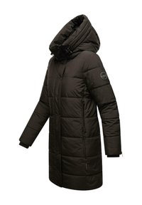 Black puffer coat with a high collar, horizontal quilting, zippered side pockets, and elastic cuffs. Features a detachable, oversized hood.