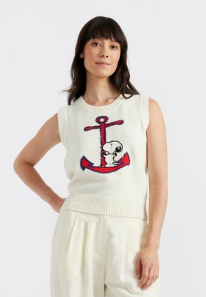 Witte, gebreide mouwloze trui met een rood ankerontwerp en geborduurde Snoopy. Ribbelrand en ronde halslijn. Casual pasvorm.