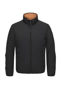Schwarze gepolsterte Jacke mit hohem Kragen und orangefarbenem Innenfutter, ausgestattet mit einem durchgehenden Reißverschluss vorne und Fronttaschen. Glattes Material, leichtes Design.