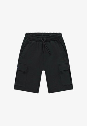 Zwarte cargoshorts van zachte stof, met een elastische tailleband met trekkoord, twee zijzakken en twee cargozakken.