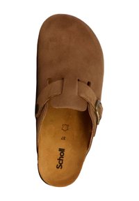 Chaussure brune en daim à enfiler avec un bout rond, une sangle ajustable et une boucle circulaire. L'intérieur présente une semelle intérieure de couleur claire. Taille 37.