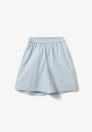 Light blue shorts with thin white vertical stripes and an elastic waistband, laid flat on a white background.