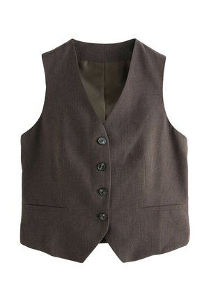 Brown vest made of textured fabric, featuring a V-neck, six buttons, and two front pockets. Interior lined in a contrasting color.